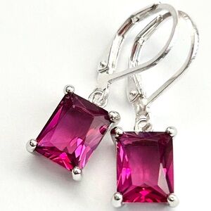 Sterling Silver Emerald Cut Fuschia Crystal Lever Back Earrings